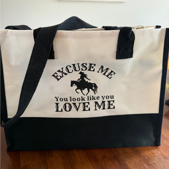 Handbags - Canvas Tote Bag with Cowboy Graphic - Black & Cream